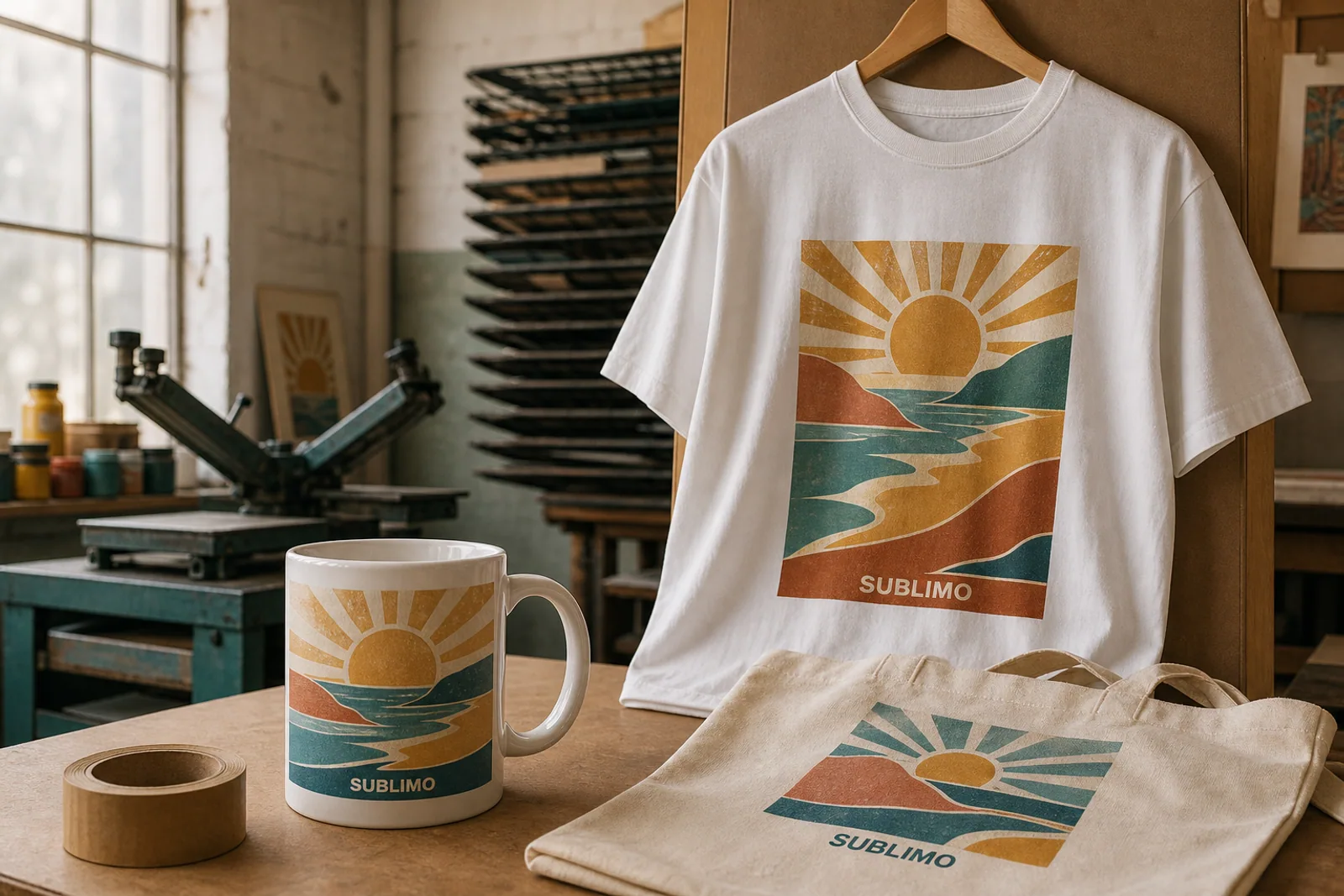 Polera, taza y tote bag con una colección costera en turquesa, mostaza y terracota